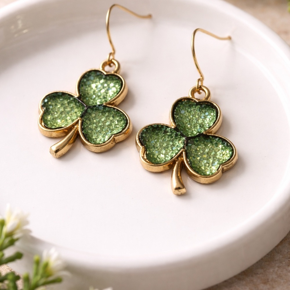 Glittery Green Lucky Clover Shamrock Dangle Earrings | Gold Tone | Sparkle